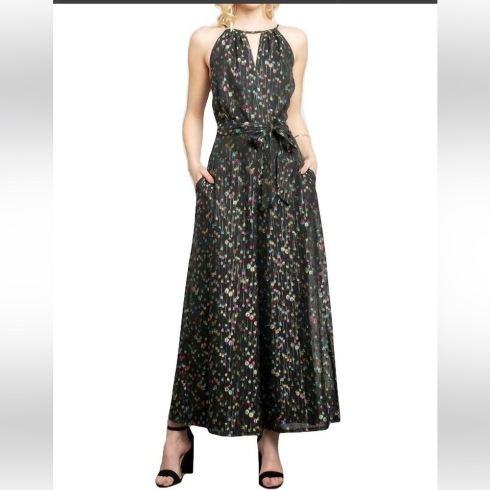 Anthropologie Eva Franco Halter Jumpsuit Multicolor Metallic Accents Size 6